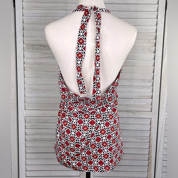 JONES NEW YORK Geometric Print Halter Top w Beading Y2K Red/White Multi-Large - Picture 3 of 3